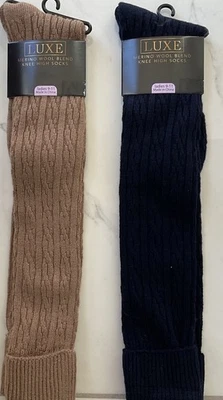 Women Luxe Wool Blend  Knee Knit High Socks Shoe 911 - 2 Pairs Tan/Navy Blue New - Image 1 of 4