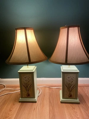 Oriental Hand-painted Wooden Table Lamp with Floral Decoration, a Pair - Image 1 of 4