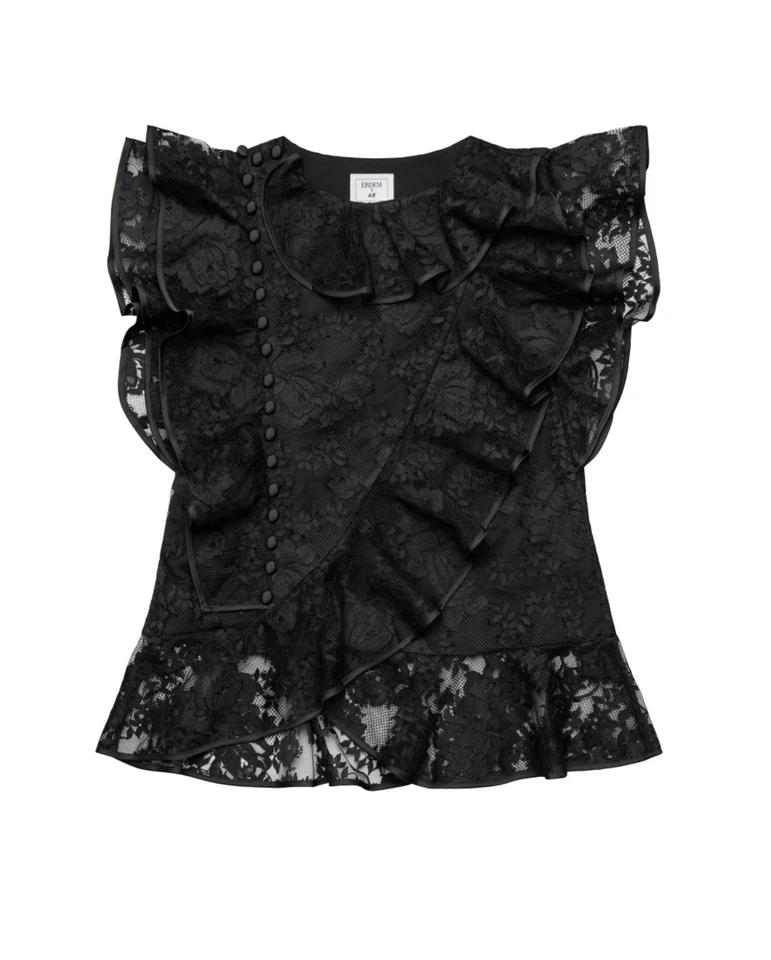 Blusa ERDEM x H&M ENCAJE Volantes Top con Volantes Negra Floral XS Foto 1 de 4