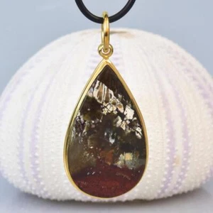 Pendant Multicolor Plume Agate Cabochon & Gold Vermeil Sterling Silver 10.21 g - Picture 1 of 12