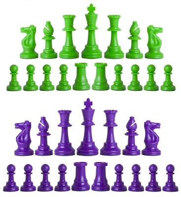 Staunton Triple Weighted Chess Pieces – Set 34 Neon Green & Purple - 4 Queens   - Image 1 of 3