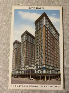 Postal de lino vintage de Rice Hotel Houston Texas publicidad R Bruce Carter - Imagen 1 de 5