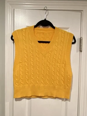 Colete suéter cropped malha cabo macio pulôver amarelo calêndula tamanho S gola V novo sem etiquetas - Imagem 1 de 4