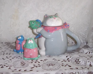 Tetera Fitz & Floyd Grey Cat 1987, gatitos de sal y pimienta - Imagen 1 de 6