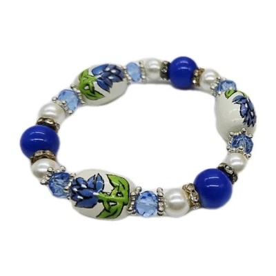 Pulsera elástica con flores de vidrio con cuentas de murano gruesa talla única OSFM azul y blanco Foto 1 de 4