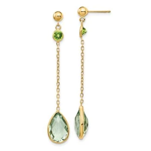14K Solid Yellow Gold Peridot Quartz Dangle Earrings - Picture 1 of 5