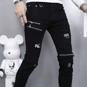 Men Fashion Black Ripped Slim Fit Elastic Jeans Casual Breathable Stretch Pants - Picture 1 of 15