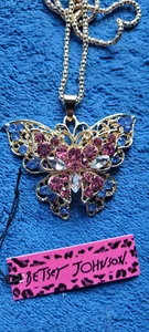 New Betsey Johnson Necklace Butterfly Pink Rhinestones Spring Summer Collectible - Picture 1 of 3