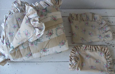 Vintage Laura Ashley Reversible Roses/Stripes Full Ruffled Comforter+2 Shams - Image 1 of 4