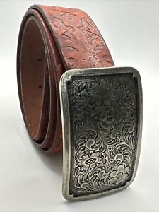 Vintage Fossil Red Leather Belt Sz M Buckle Silver Western Embossed Design 90’s