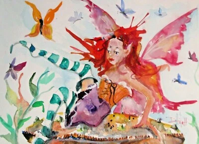 hadas y mariposas por Dalilah fantasía acuarela pintura arte 9x12 Foto 1 de 4