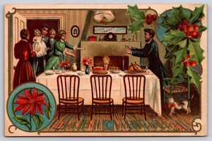 Family's 'Home Sweet Home Holiday Dinner table Feast Embossed Christmas Postcard - Picture 1 of 2