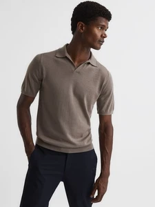Reiss Duchie Merino Wool Open Collar Polo Shirt Mocha Size XXL Short Sleeve - Picture 1 of 13