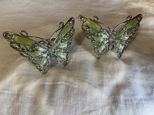 Pair Butterfly Silver Tone Metal Rhinestone Napkin Rings Green Enamel Bling - Picture 1 of 8
