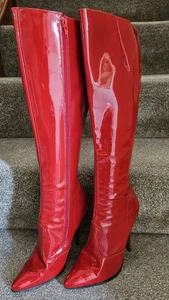 Rare Knee Boots Red Patent Leather With Inside Zip Size 6.5 EU 39.5 (USED) - Picture 1 of 9