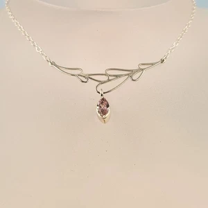 Pink Sapphire Silver Necklace, Leaf Design, Lab Created Gemstone, Handmadee - Picture 1 of 4