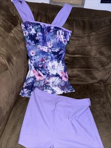 Woman’s Purple Two Piece Tankini Bathing Suit Size L Floral - Picture 1 of 15