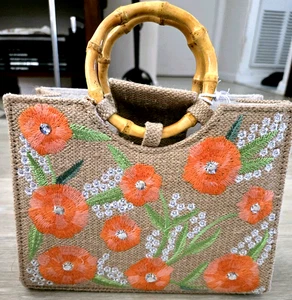 Haute Hippie Straw-like Bag With Floral Embroidery And Rhinesone Accents. I New - Picture 1 of 7