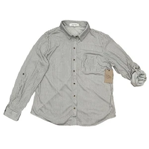 Eden & Olivia Women's XL Striped Long Roll Tab Sleeve Button Front Shirt NWT - Foto 1 di 7