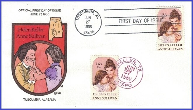 USA8 #1824 U/A COLLINS HAND PAINTED FDC   Helen Keller and Anne Sullivan - Image 1 of 1