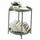  2 Tier Green Side Table, Folding Round Metal End Table Small Dark Green