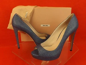 NIB MIU MIU 5KP189 BLUE STINGRAY LEATHER PEEP TOE HIGH HEEL PUMPS 40 - Picture 1 of 12