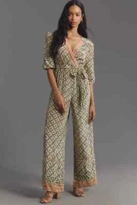 NWT Farm Rio Anthropologie Wide-Leg V-Neck Jumpsuit Mushroom Print Size S - Picture 1 of 3