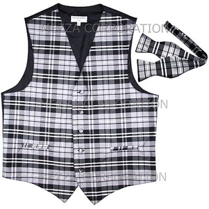 New Vesuvio Napoli Men's plaid Tuxedo Vest Waistcoat_Self Tie Bowtie Gray prom - Picture 1 of 4