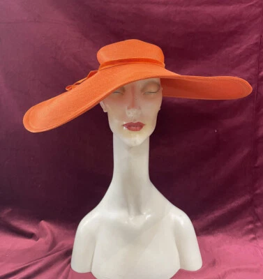 Vintage 40s Orange Cartwheel Hat Straw Raffia Wide Brim Straw bridge & Clothier - Image 1 of 4