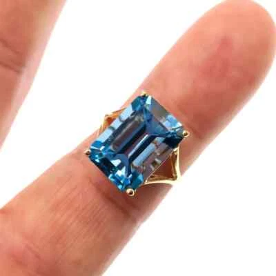 14k Massiv Gelbgold Natürlicher Smaragd Schliff London Blau Topas Cocktail Ring - Bild 1 von 4