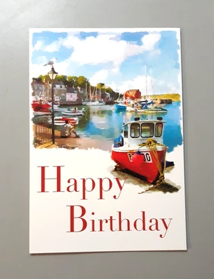 Tarjeta de felicitación y sobre vintage feliz cumpleaños barcos costa mar cala piedra preciosa Foto 1 de 4