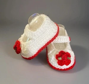 Crochet Handmade Baby Girl Booties W Flowers Slippers NB 0-3 Months White/ Red - Picture 1 of 5