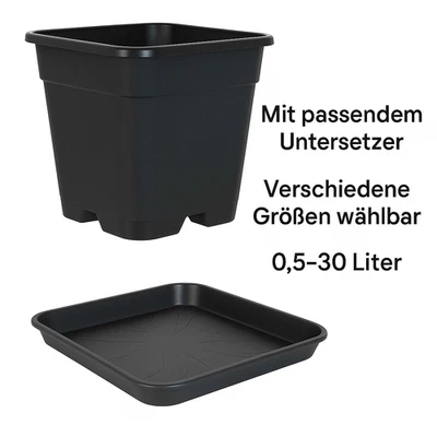 CULTONIX Blumentopf Pflanzkübel Schwarz Kunststoff mit Untersetzer 0,5L 1L 7L 11L 18L 25L