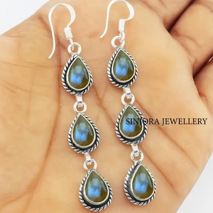Labradorite Gemstone 925 sterling silver handmade Dangle/Drop Earrings 2.75" - Picture 1 of 4