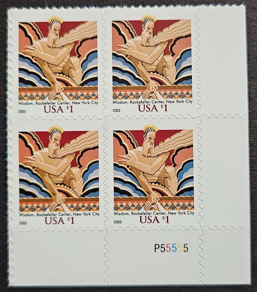 US Scott # 3766 - Wisdom Rockefeller Center - Plate Block of 4 Stamps - MNH - Image 1 of 1