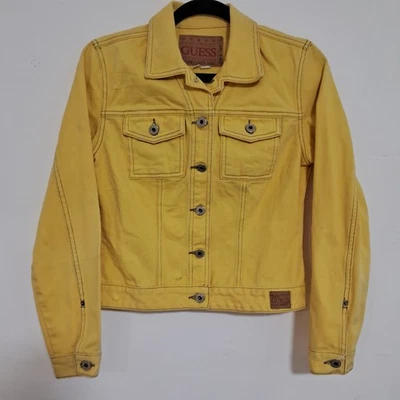 Chaqueta Guess DE COLECCIÓN Para Mujer M Amarilla Denim Jean Camionero Abotonada Motociclista Foto 1 de 4