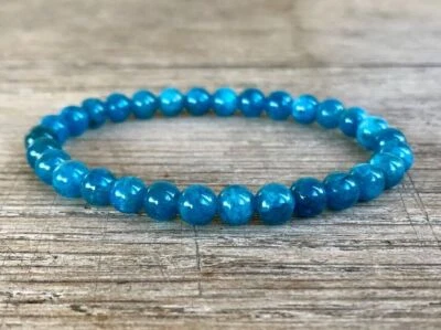 Natural 6mm Apatite Stone Bead Bracelet Blue Gemstone Stretch Bracelet Handmade - Image 1 of 4
