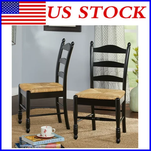 Set Of 2 Ladder Back Rush Seat Chairs Wood Dining Chair Living Room Home Black Cover