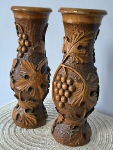  Hand Carved Wooden Grape Leaf Candle Holder, Vase,3D, Natural Decor. Set Of 2