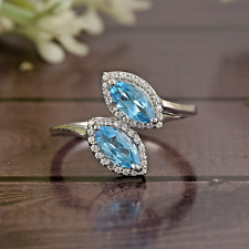 Marquise Cut Swiss Blue Topaz diamond wedding Bypass Ring Sterling Silver