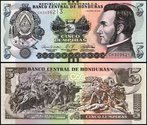 HONDURAS 5 LEMPIRAS 2022 UNC PREFIX CH,WITH VERTICAL BARS,BATTLE OF TRINIDAD IN - Bild 1 von 1
