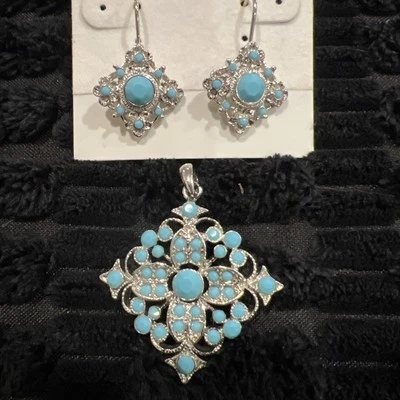 Turquoise Stone Pendant and Earring Set in Silver Finish - Image 1 of 3
