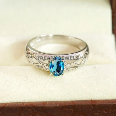 Piedras preciosas ovaladas de topacio azul de Londres con anillo de plata de ley 925 para hombre #B215 # Foto 1 de 4
