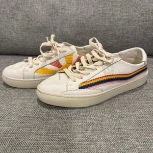 Soludos Ibiza Sz 8 White Leather Low Top Sneakers Rainbow Wave Good Vibes Pride - Picture 1 of 9
