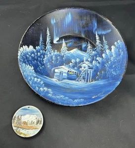 Pair Of Vintage Snowy Winter House Mountain Tin Bowl Plate Hand Pained Signed - Picture 1 of 10