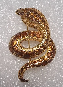 Broche prendedor serpiente cobra marrón dorado firmado por Joan Rivers esmalte cristal C575 - Imagen 1 de 10
