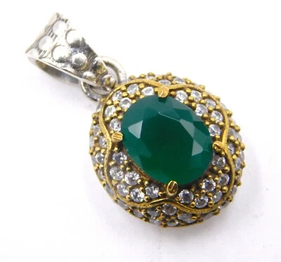 5.2 Gm LabCreated Emerald Cut Stone 925 Sterling Silver Two Tone Pendant Size 1" - Image 1 of 4