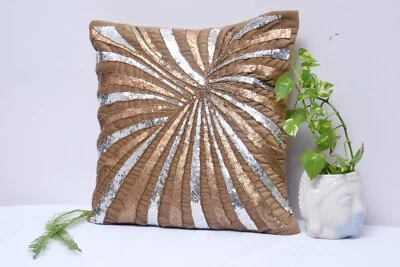 Handmade Beige Velvet Pillow Covers Set of 2, 16x16 with Gold Pearl Detail - Image 1 of 4
