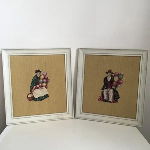 2 Vintage Old Lady & Man Balloon Sellers Finished Framed Needlepoint 16”x14” - Picture 1 of 9