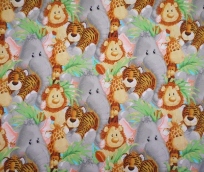 Nursery Fabric 1 3/8 Yard Jungle Babies Animals Elephant Lion Tiger + Cotton Vtg - Image 1 of 2